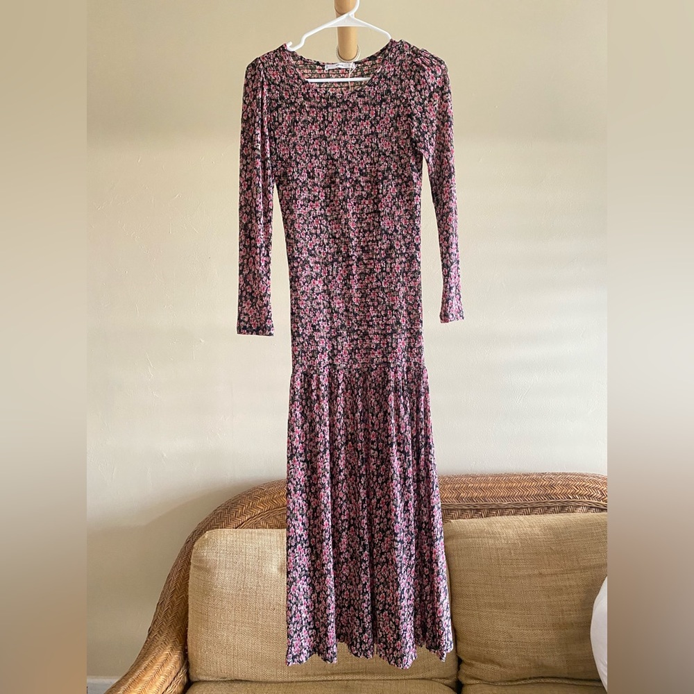 Mango (MNG) Long Sleeve Floral Smocked Midi Dress - Size 2 (US)